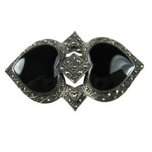 FAS Vintage Sterling Silver Onyx Marcasite Heart Brooch Pin Jewelry Love